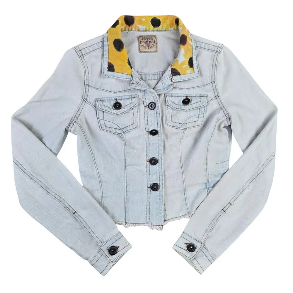 Y2K Light Acid Wash Hand Painted Sunflower Highway Jeans Denim Jacket Size Small